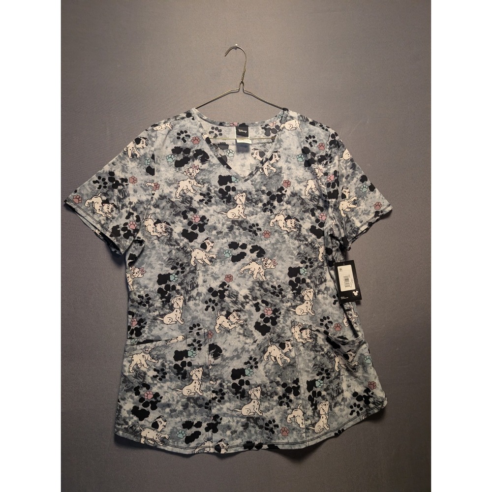 Disney 101 Dalmatians Scrub Top Womens M Multi All-Over Puppy Paw Print Medical